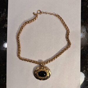 Gold-Tone Woven-Link Necklace with Black Cabochon Pendant